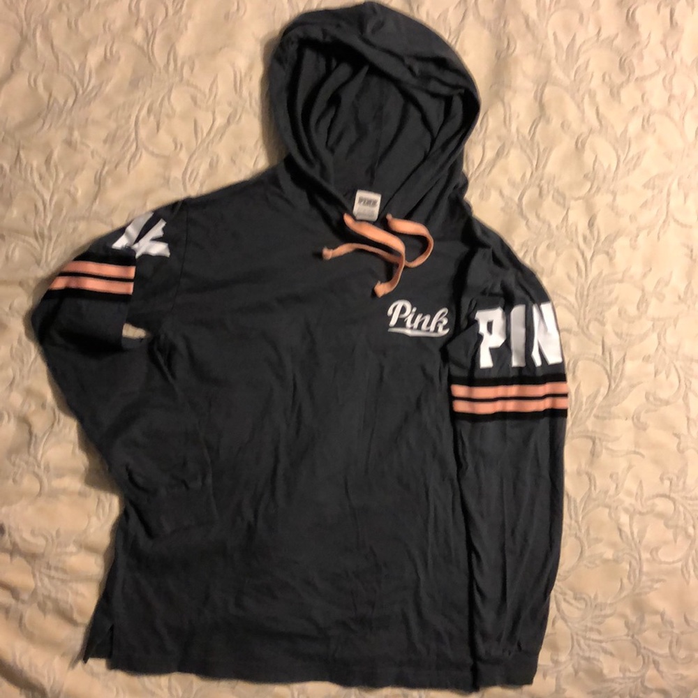 PINK Victoria's Secret Black Long Sleeve Hooded Tee with Pink Stripe Details